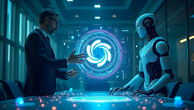 Human and robot reaching for a glowing blue core in a futuristic, digital setting.