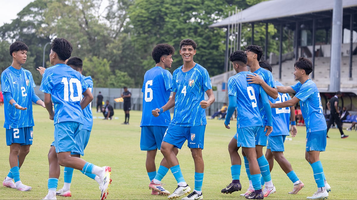 | Photo: AIFF : The India U17 football team players celebrate after scoring in their SAFF U17 Championship 2025 match against Maldives.