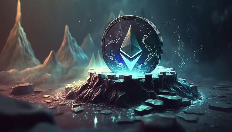 Futuristic digital artwork with Ethereum coin in icy landscape.