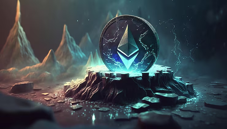 Futuristic digital artwork with Ethereum coin in icy landscape.
