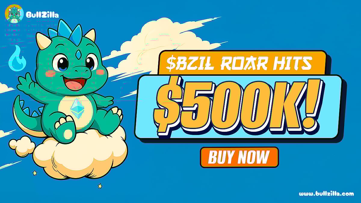 Cartoon green dragon mascot sitting on a cloud with text $BZIL Roar Hits $500K, Buy Now.