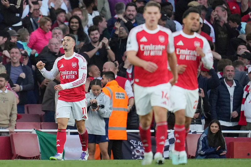 Britain soccer Premier League 2025-26 Arsenal Vs Manchester City match pics_Gabriel Martinelli