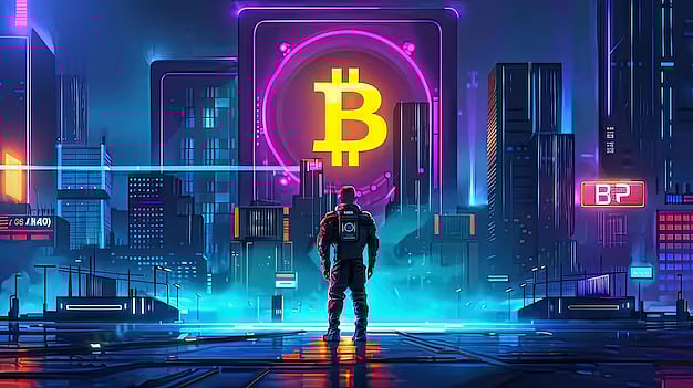 A person stands in a futuristic city facing a giant neon Bitcoin logo.