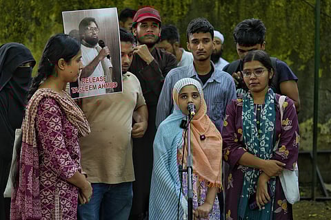 Sara Afrin, Daughter of jailed activist Tasleem Ahmed, at the JNUSU Protest, Jantar Mantar