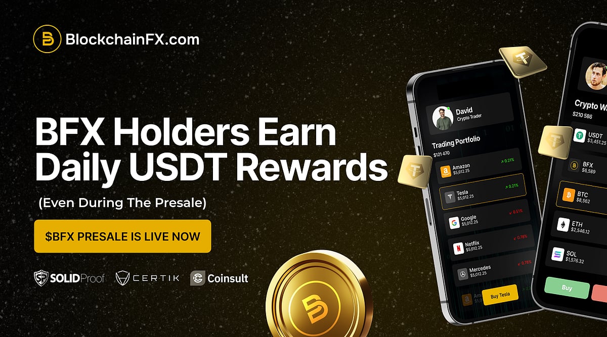 An ad for BlockchainFX showing an app interface and the text BFX Holders Earn Daily USDT Rewards