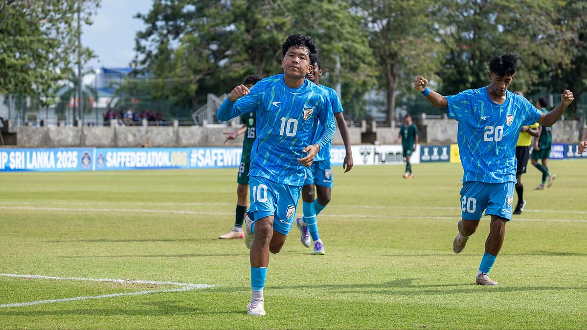 | Photo: AIFF : India's Dallalmuon Gangte celebrates after scoring against Pakistan in the SAFF U17 Championship 2025.