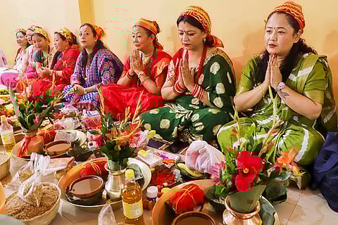 Nepalese women prayers at Durga Puja