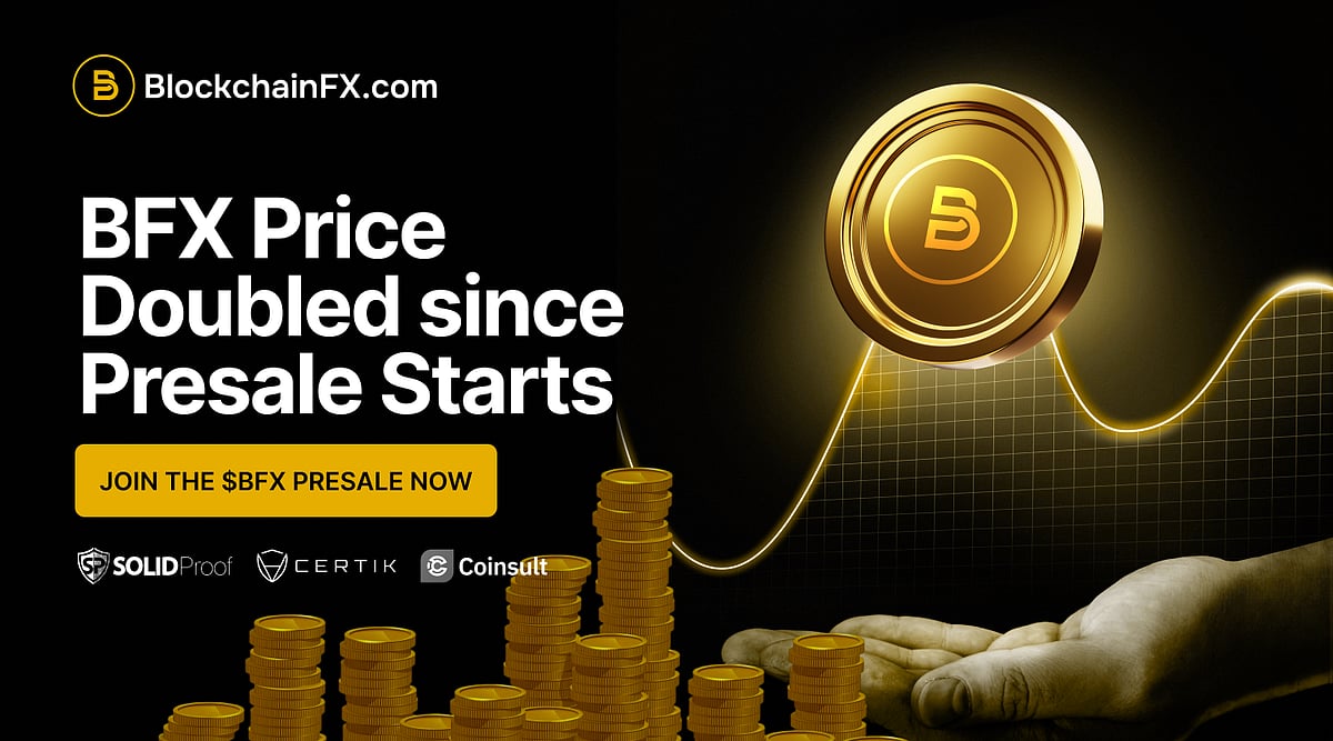 An ad for BlockchainFX.com, showing a stack of coins and a large BFX coin.