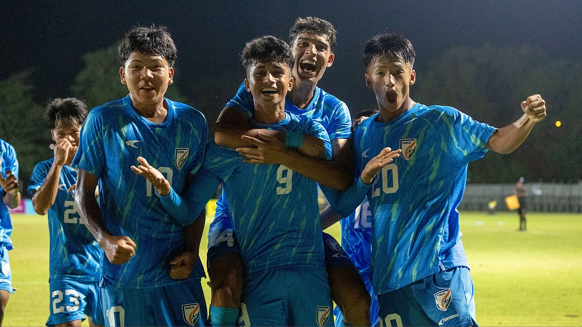 | Photo: AIFF : The India U17 football team footballers celebrate after Rehan Ahmed's goal against Bhutan in the SAFF U17 Championship 2025.