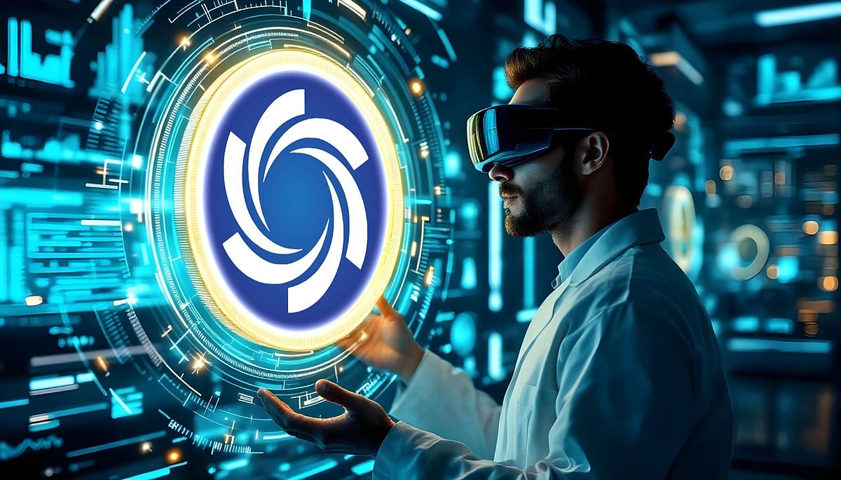 Person interacting with futuristic digital crypto symbol.