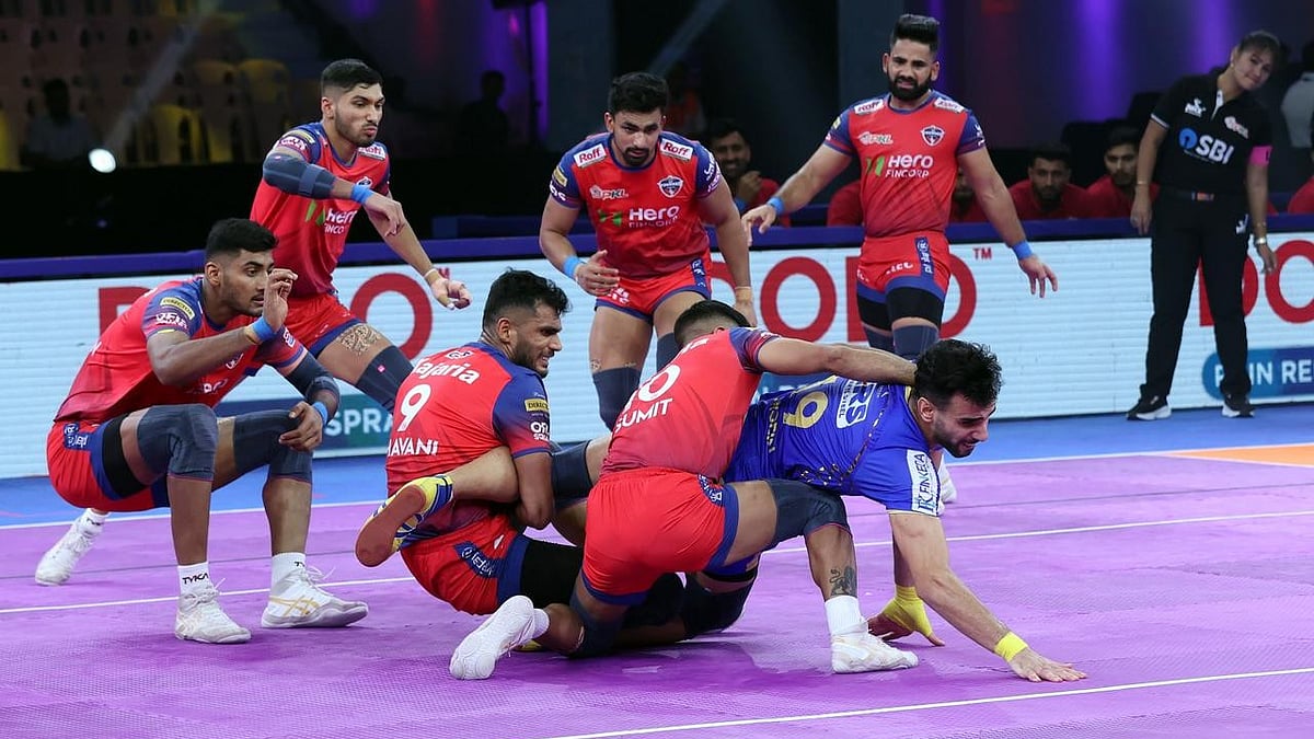 Pro Kabaddi : Action from the Tamil Thalaivas vs UP Yoddhas, Pro Kabaddi League 2025 match in Jaipur.