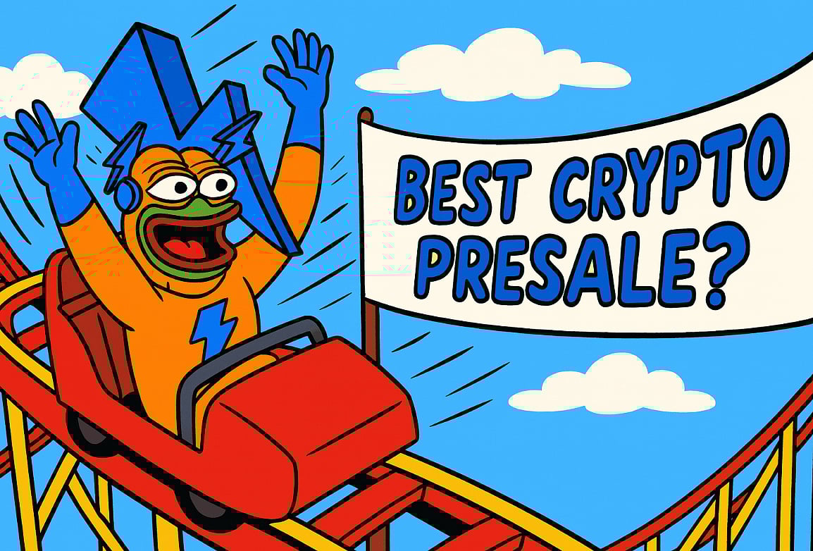 A cartoon frog on a rollercoaster, with a banner in the background that reads BEST CRYPTO PRESALE?