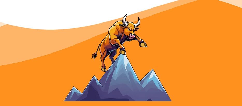A cartoon bull jumping over three mountain peaks.