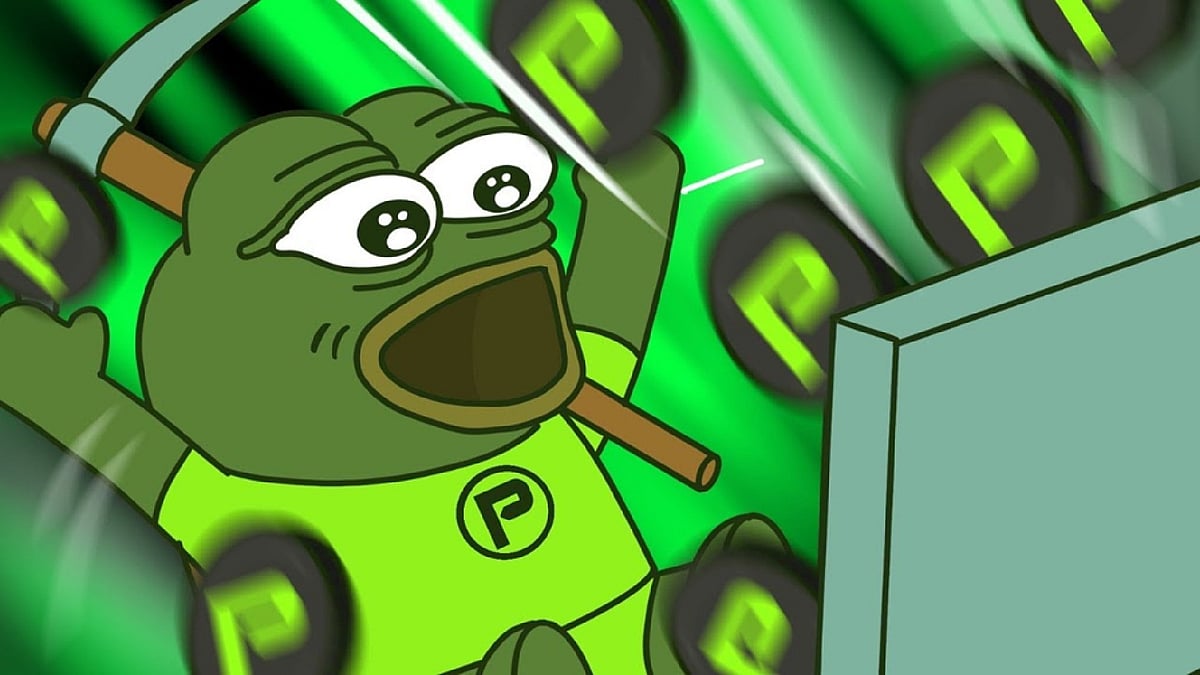 A cartoon frog character with a wide open mouth and surprised eyes, looking at a computer screen.