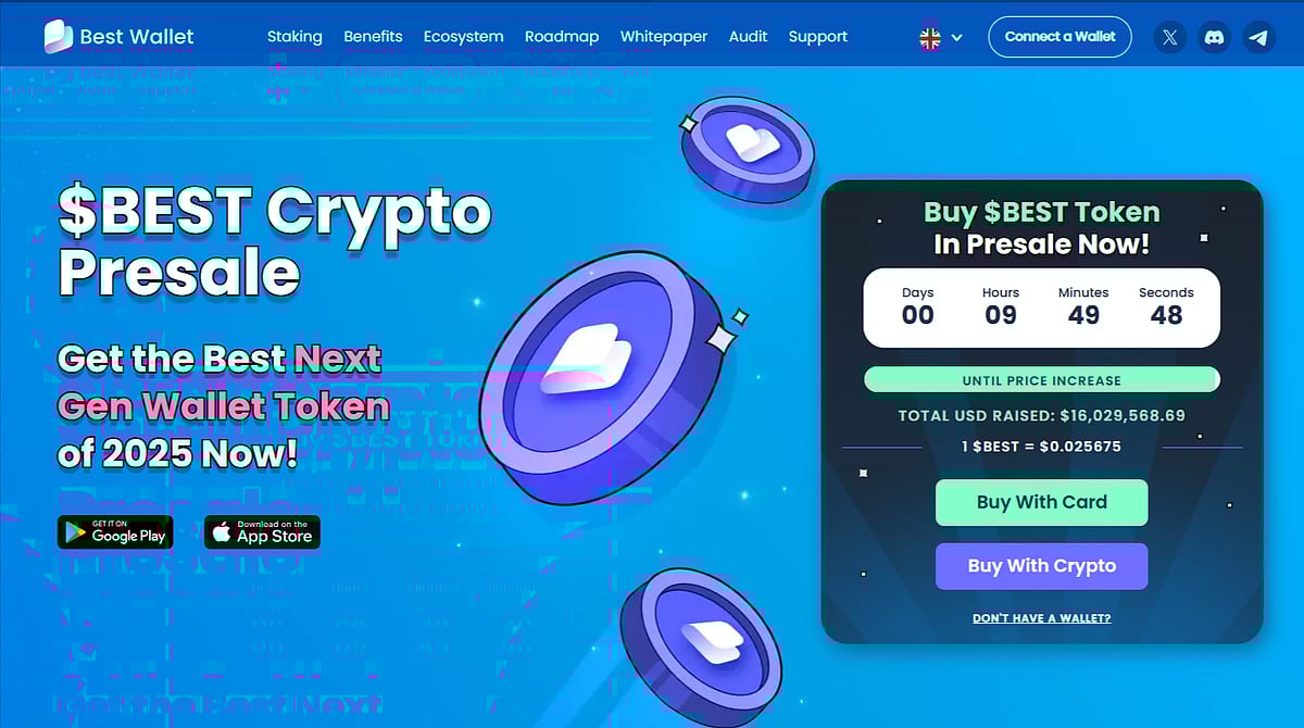 $BEST Crypto Presale advertisement with Next Gen Wallet Token of 2025 and purchase options.