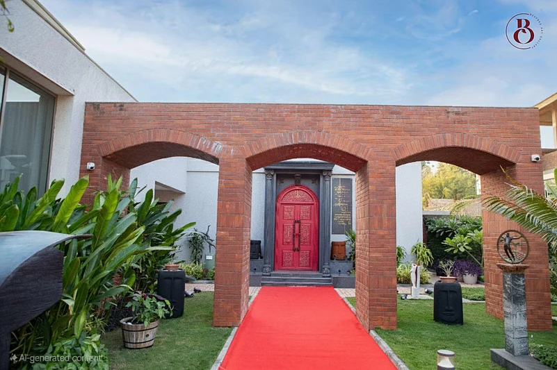 A red carpet leading to a red door through brick archways in an outdoor setting.