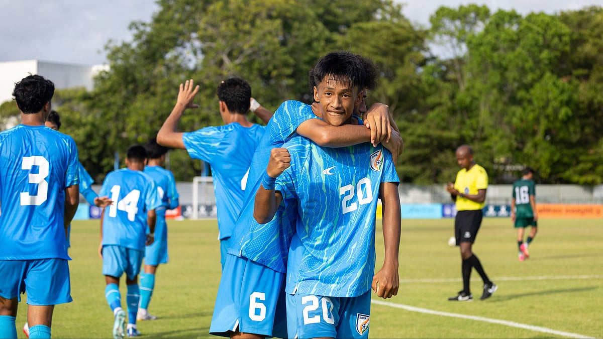 | Photo: AIFF : India U17 team's Gunleiba Wangkheirakpam celeberates after scoring against Pakistan in the SAFF U17 Championship 2025.