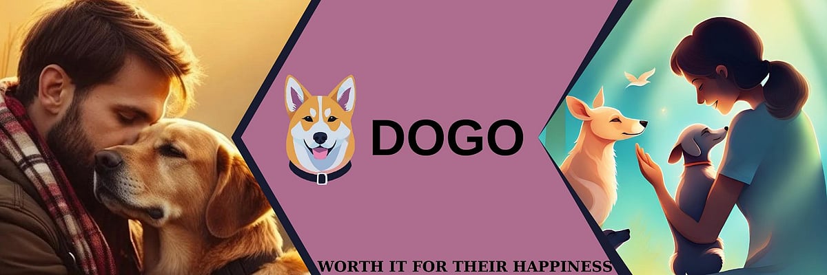A man with a golden retriever and a person with a small dog, with a DOGO logo