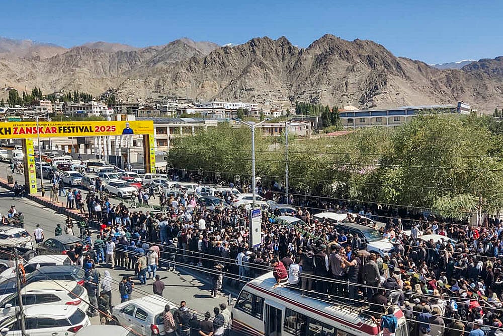 | Photo: PTI/Mohd Arhaan : Students protest in Leh, Ladakh over statehood demand