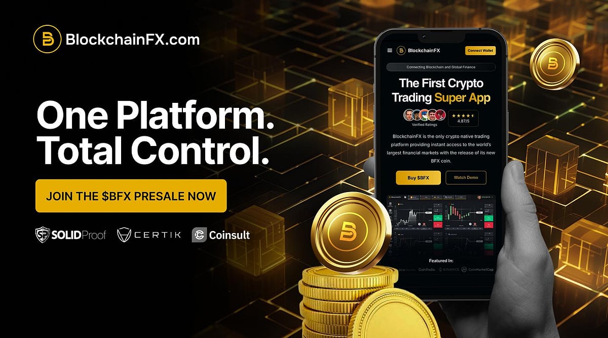 BlockchainFX.com ad: The First Crypto Trading Super App with coins and phone interface