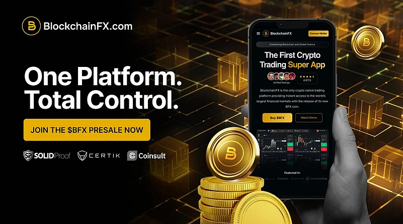BlockchainFX.com ad: The First Crypto Trading Super App with coins and phone interface