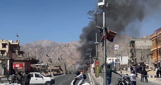 Protestors In Ladakh Set Security Vehicle On Fire Outside BJP Office, Demand Extension of Sixth Schedule 