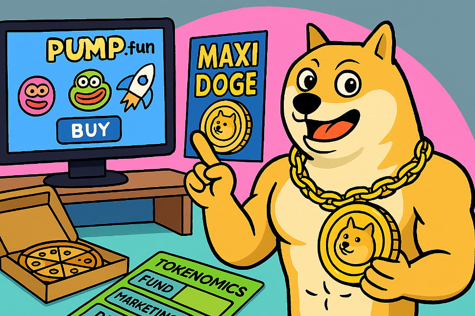 A cartoon of a muscular Doge pointing at a Maxi Doge poster, with a PUMP.fun screen nearby