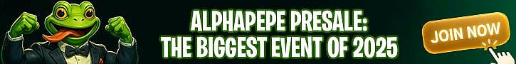 AlphaPepe ad: Green frog character, AlphaPepe Presale: The Biggest Event of 2025 text