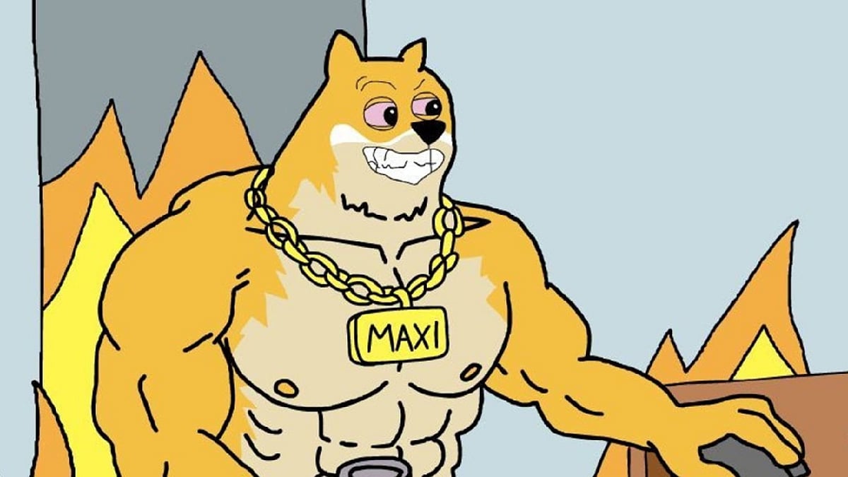 Muscular, Maxi Doge (MAXI) character wearing a gold chain with MAXI on the pendant.