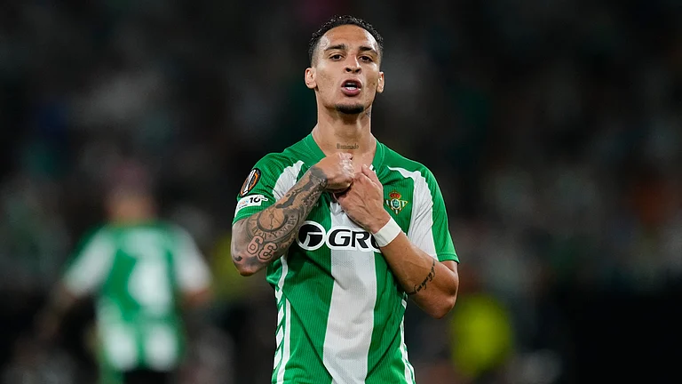 Real Betis' Antony celebrates after scoring against Nottingham Forest in the UEFA Europa League 2025-26. - null