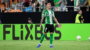 Antony celebrates after scoring for Real Betis against Nottingham Forest.