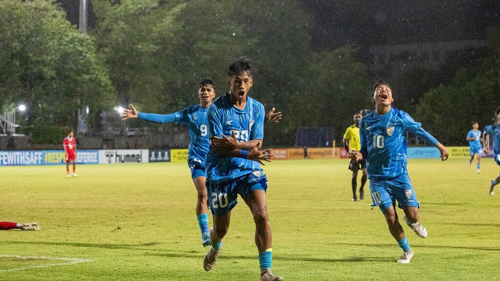 AIFF : Indian players celebrate Wangkheirakpam Gunleiba's (centre) goal against Nepal in the SAFF U17 Championship semi-final.