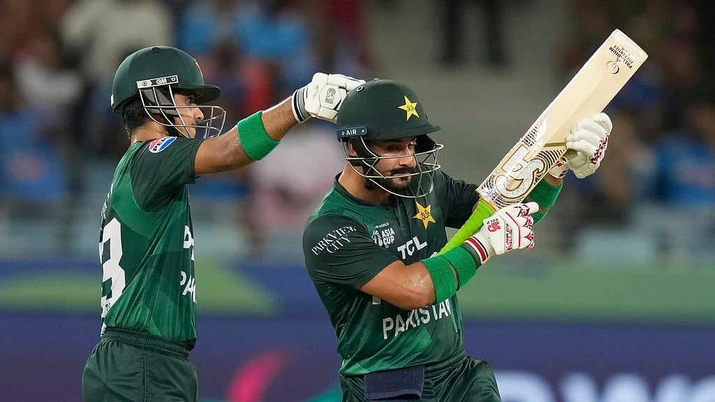 Sahibzada Farhan celebrating his half-century with a 'gunshot' celebration in India vs Pakistan Asia cup 2025 Super 4 match - AP/Altaf Qadri