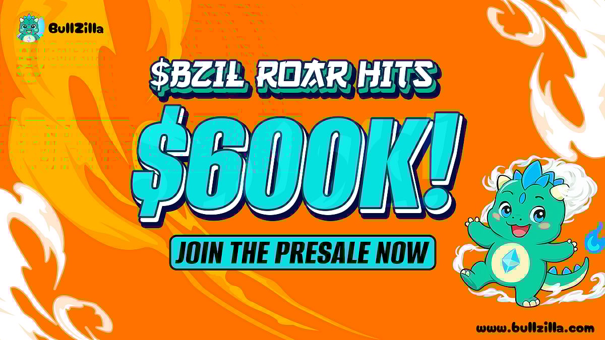 Ad for $BZIL cryptocurrency BullZilla presale hitting $600K.