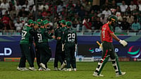 | Photo: AP/Altaf Qadri : Pakistan vs Bangladesh Highlights, Asia Cup 2025 Super Four: Pakistan's players celebrates the dismissal of Bangladesh's Saif Hassan at Dubai International Cricket stadium, Thursday, Sept. 25, 2025.