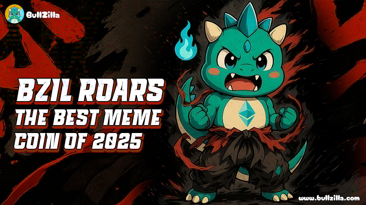 A banner for a meme coin with a small dragon with text BZIL Roars, The Best Meme Coin of 2025.