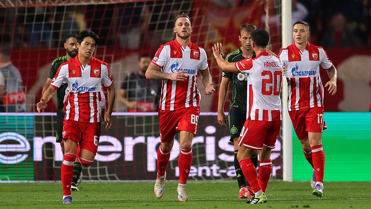 Red Star Belgrade's goalscorer Marko Arnautovic celebrates after scoring against Celtic.