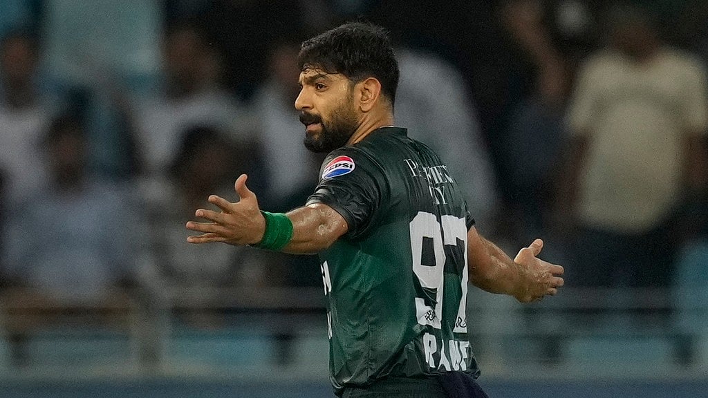 AP : Haris Rauf celebrates the dismissal of Taskin Ahmed during the Asia Cup match between Bangladesh and Pakistan at Dubai International Cricket stadium.