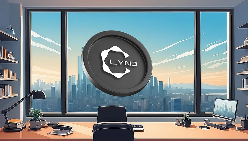 Lyno token logo on a screen overlooking a city skyline