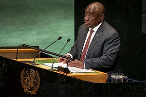 | AP Photo/Yuki Iwamura) : South Africa's President Cyril Ramaphosa speaks during a high-profile meeting at the United Nations aimed at galvanizing support for a two-state solution to the Israeli-Palestinian conflict Monday, Sept. 22, 2025, at UN headquarters.