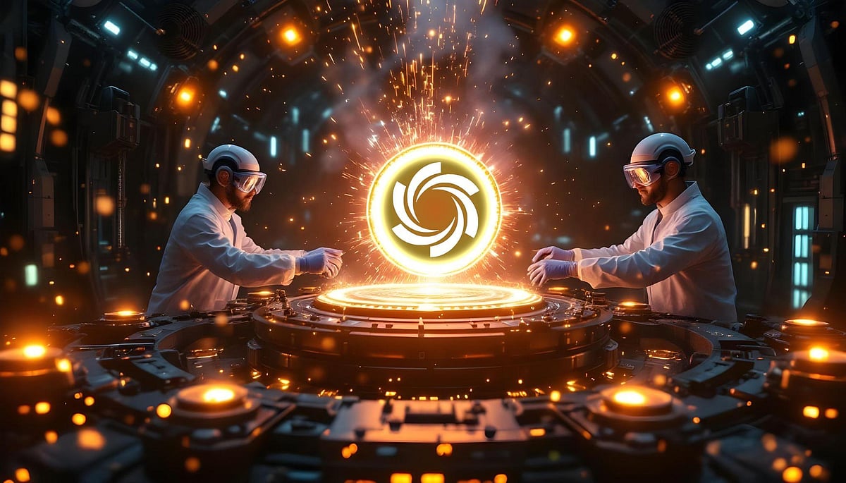 Two scientists working with a glowing, high-tech projection of the Ozak AI token logo