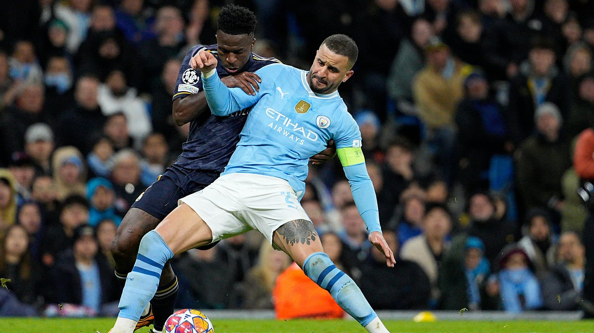 | Photo: AP/Dave Shopland : File photo of Manchester City's Kyle Walker being challenged by Real Madrid's Vinicius Junior during the Champions League quarterfinal second leg soccer match at the Etihad Stadium in Manchester, England, Wednesday, April 17, 2024.