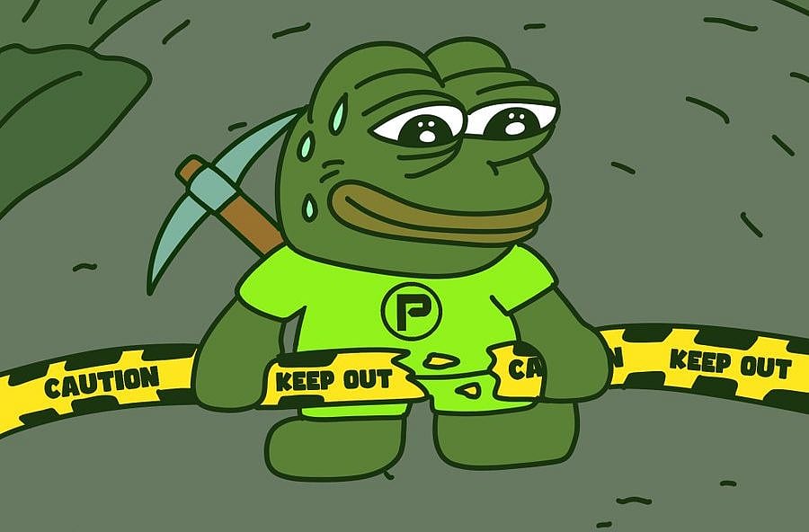 Cartoon Pepe the Frog as a sweaty miner with a pickaxe holding a broken Caution Keep Outtape