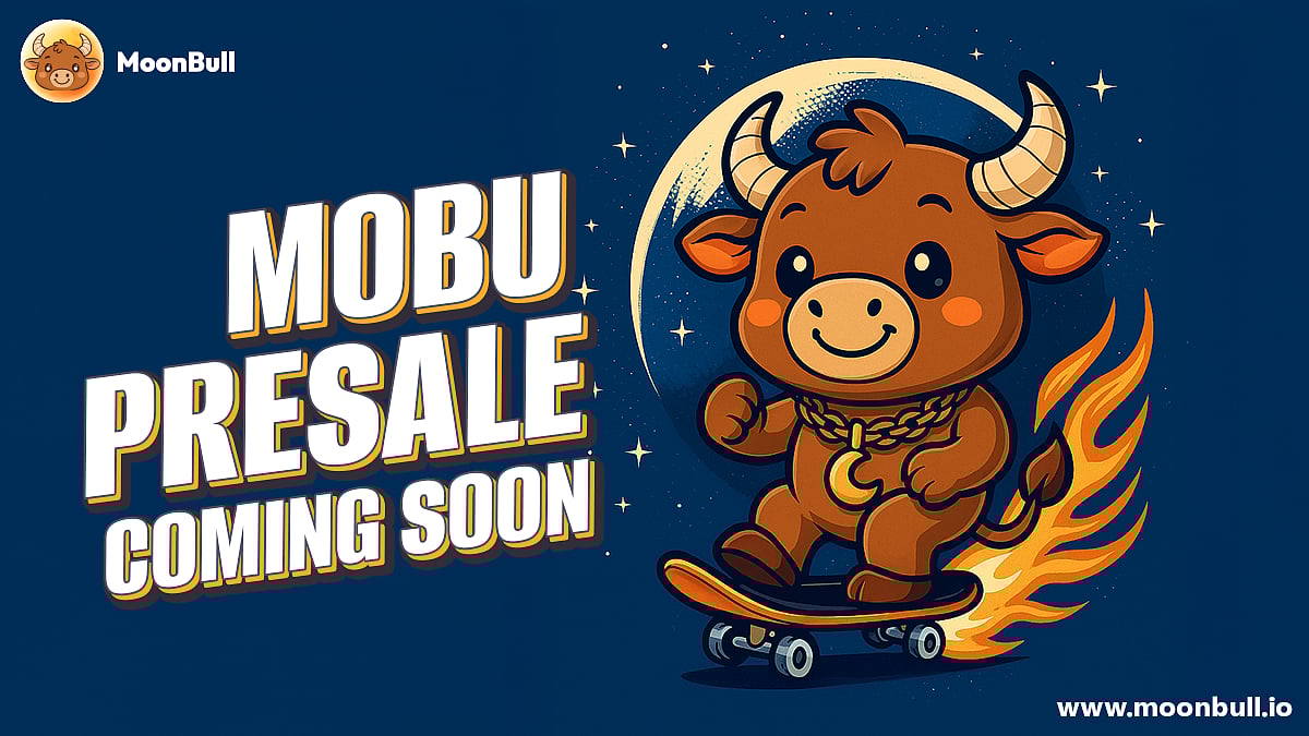 Mobu Presale coming soon ad with MoonBull mascot