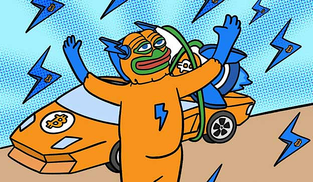 Bitcoin Hyper (HYPER) cartoon character in an orange car