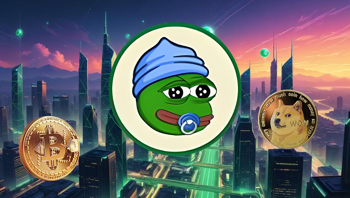 Bitcoin, Little Pepe and Shiba Inu token logo with a futuristic cityscape in background