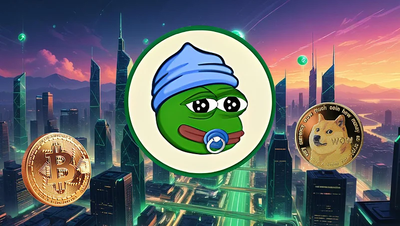Bitcoin, Little Pepe and Shiba Inu token logo with a futuristic cityscape in background