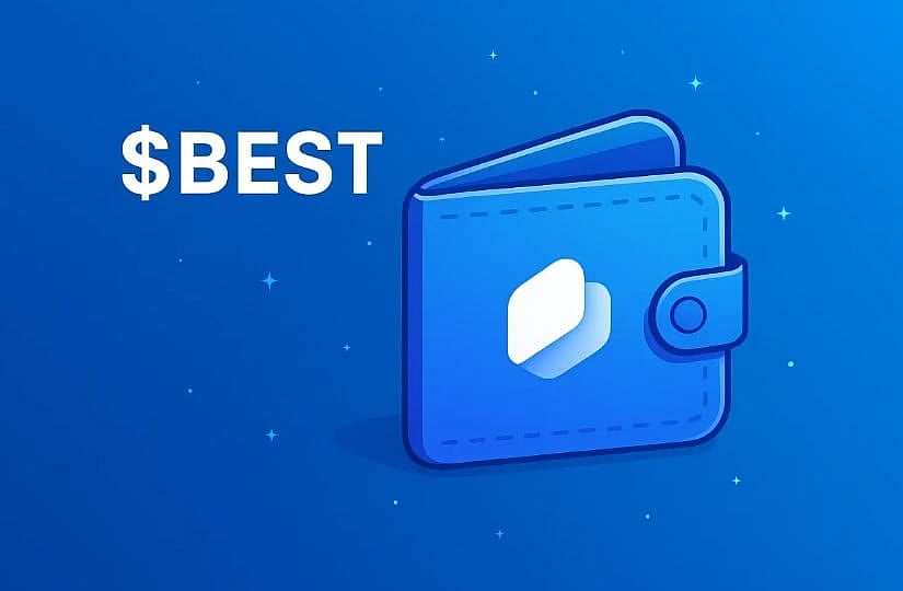 The text $BEST next to a stylized digital wallet icon on a dark blue background.