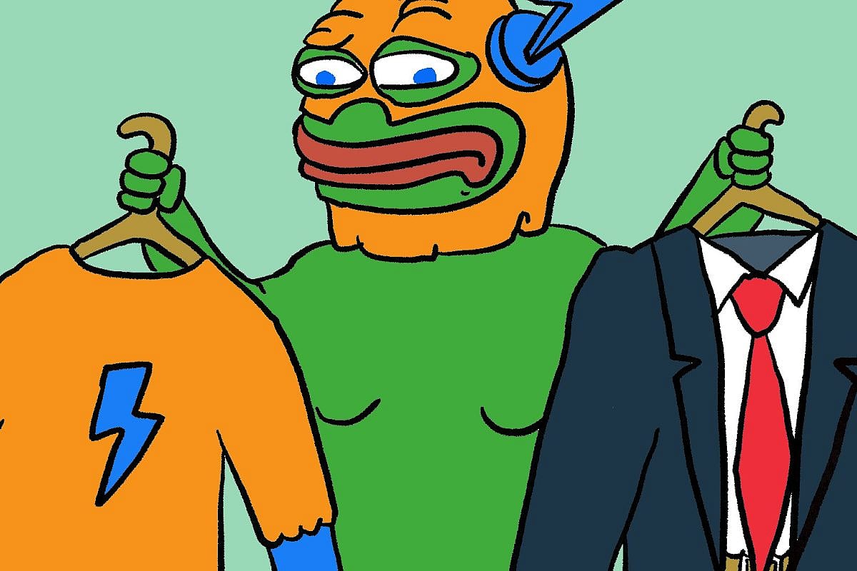 Cartoon frog character choosing between two outfits on hangers.