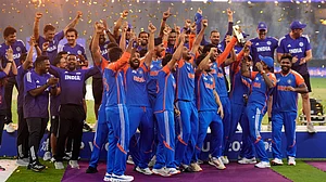 AP : India celebrate without the trophy after winning the Asia Cup final against Pakistan at Dubai International Cricket Stadium.
